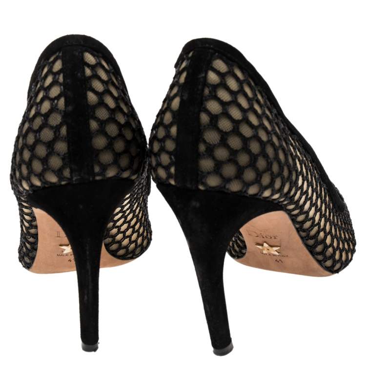 Pre Owned Christian Dior Black Fishnet And Suede Pointed Toe Pumps 41