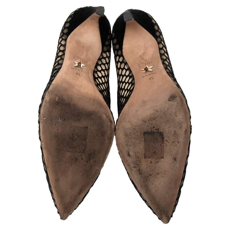 Pre Owned Christian Dior Black Fishnet And Suede Pointed Toe Pumps 41