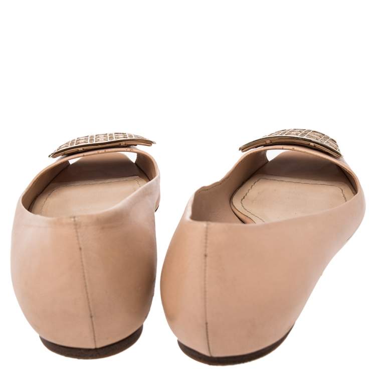Pre Owned Dior Beige Leather Cannage Plaque Peep Toe Ballet Flats Size 36