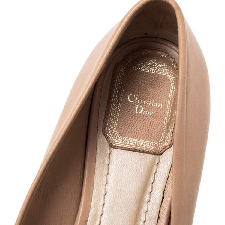 Pre Owned Dior Beige Leather Cannage Plaque Peep Toe Ballet Flats Size 36
