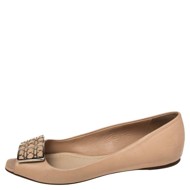 Pre Owned Dior Beige Leather Cannage Plaque Peep Toe Ballet Flats Size 36