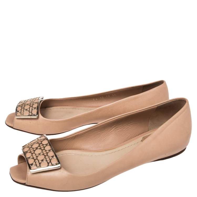 Pre Owned Dior Beige Leather Cannage Plaque Peep Toe Ballet Flats Size 36