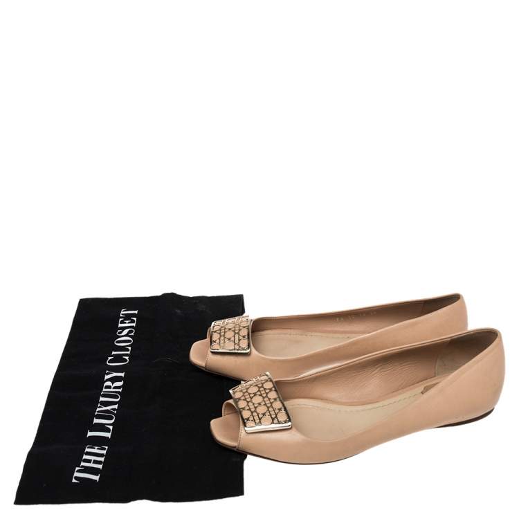 Pre Owned Dior Beige Leather Cannage Plaque Peep Toe Ballet Flats Size 36