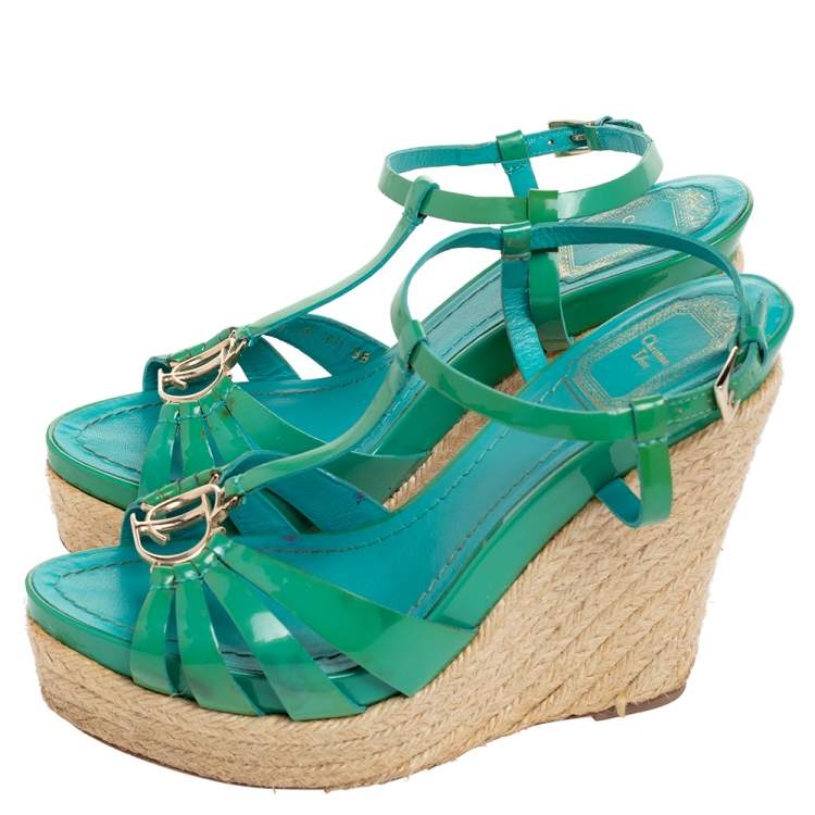 Pre Owned Dior Blue Patent Leather Strappy Wedge Sandals Size 38