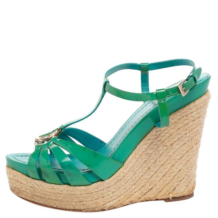 Pre Owned Dior Blue Patent Leather Strappy Wedge Sandals Size 38