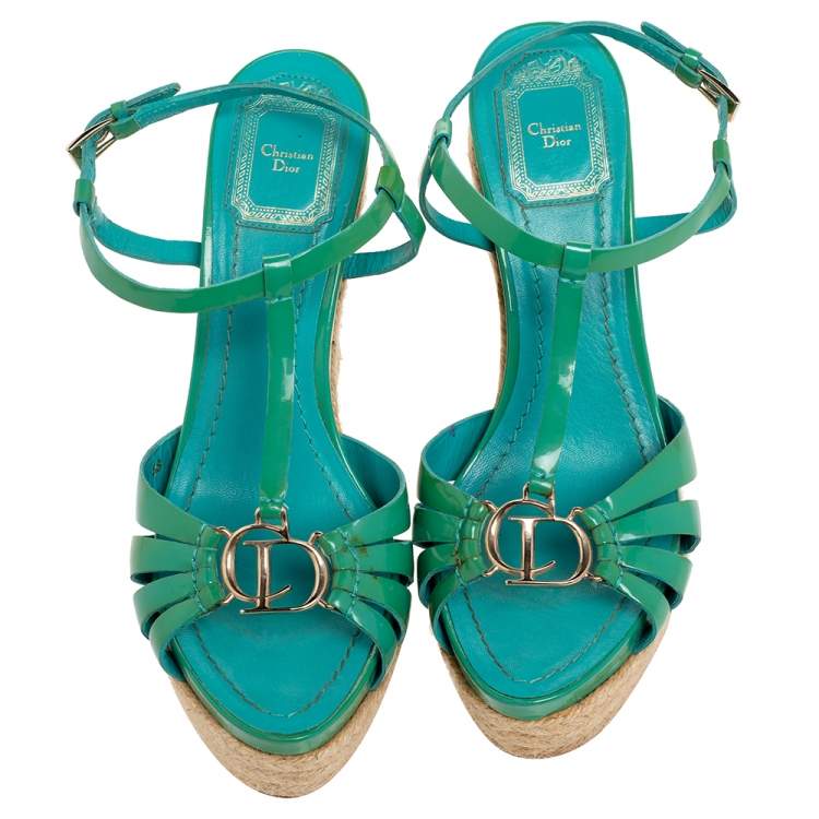 Pre Owned Dior Blue Patent Leather Strappy Wedge Sandals Size 38
