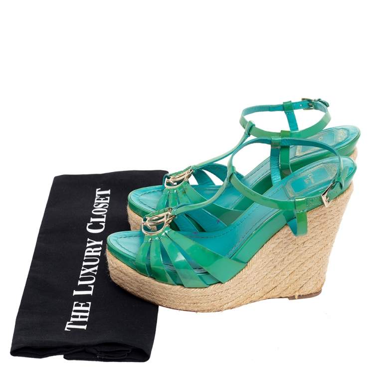 Pre Owned Dior Blue Patent Leather Strappy Wedge Sandals Size 38