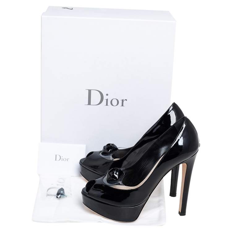 Pre Owned Dior Black Patent Leather Floral Applique Peep Toe Platform Pumps Size 35.5