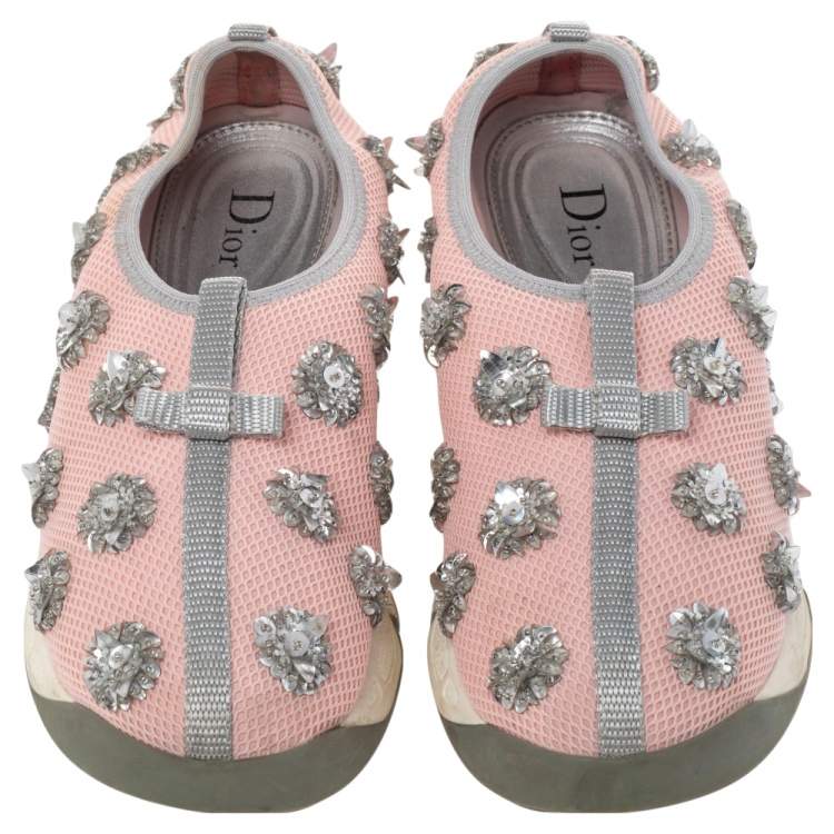Pre Owned Dior Pink Floral Embellished Mesh Fusion Slip On Sneakers Size 36