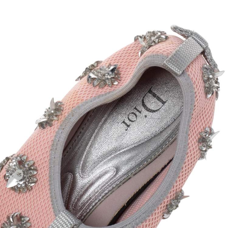Pre Owned Dior Pink Floral Embellished Mesh Fusion Slip On Sneakers Size 36