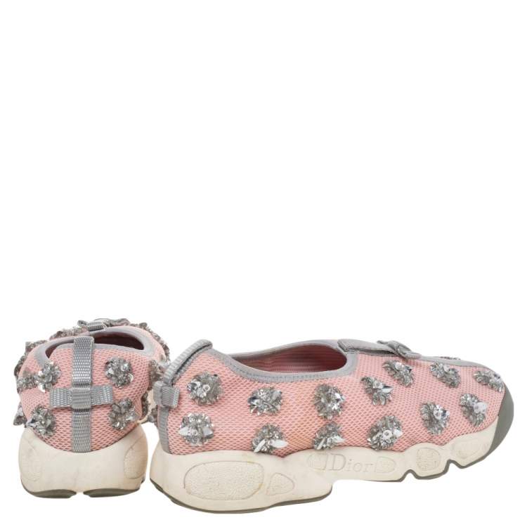 Pre Owned Dior Pink Floral Embellished Mesh Fusion Slip On Sneakers Size 36