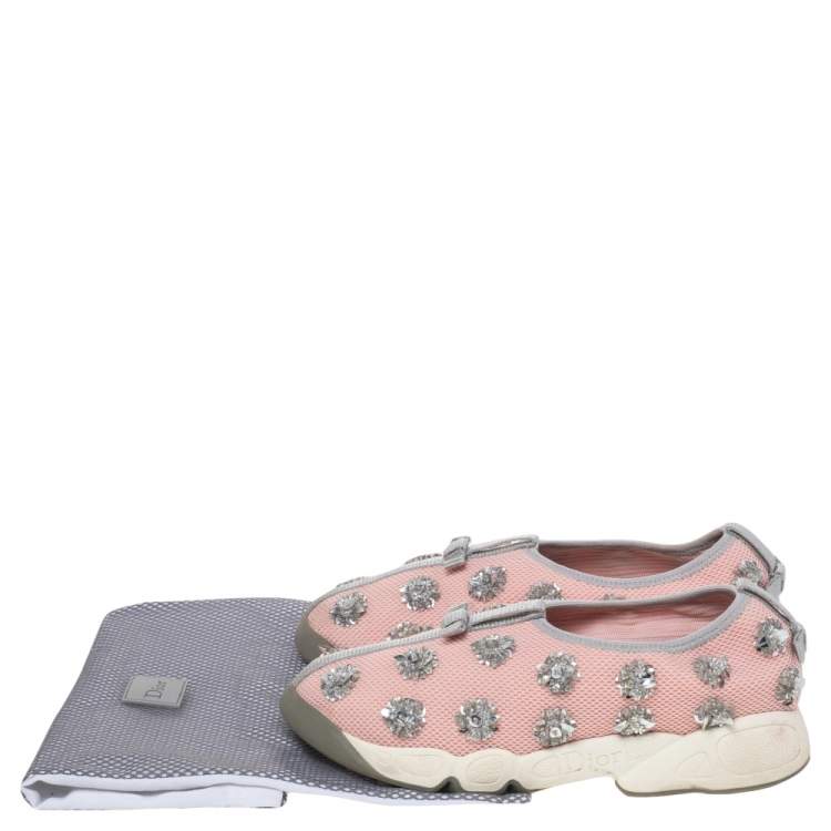 Pre Owned Dior Pink Floral Embellished Mesh Fusion Slip On Sneakers Size 36