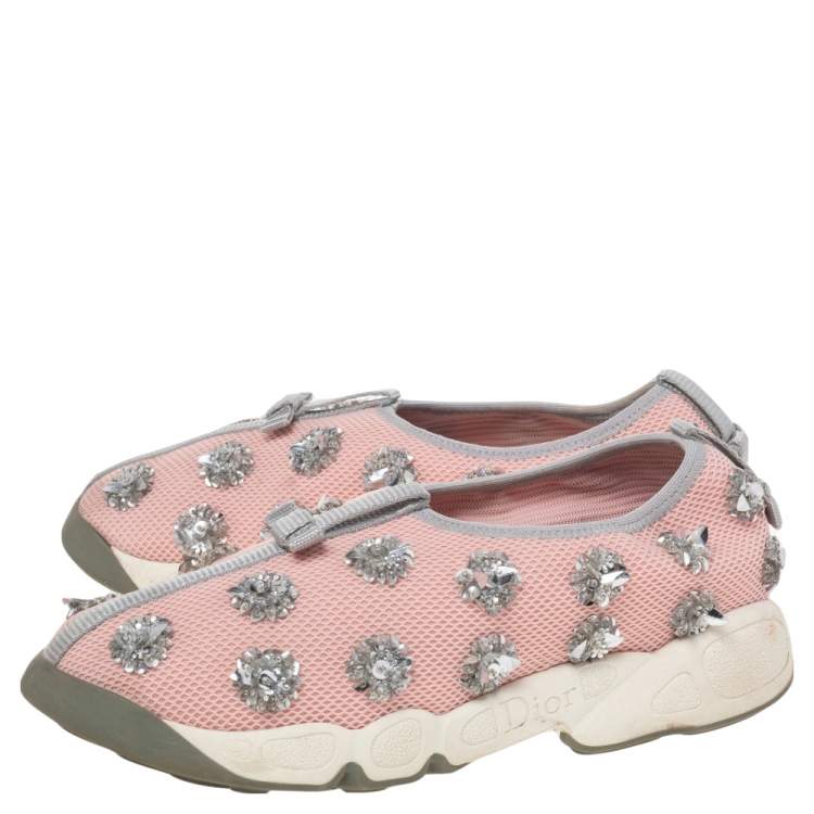Pre Owned Dior Pink Floral Embellished Mesh Fusion Slip On Sneakers Size 36