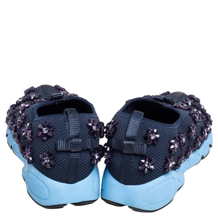 Pre Owned Dior Navy Blue Mesh Fusion Floral Embellished Slip On Sneakers Size 37