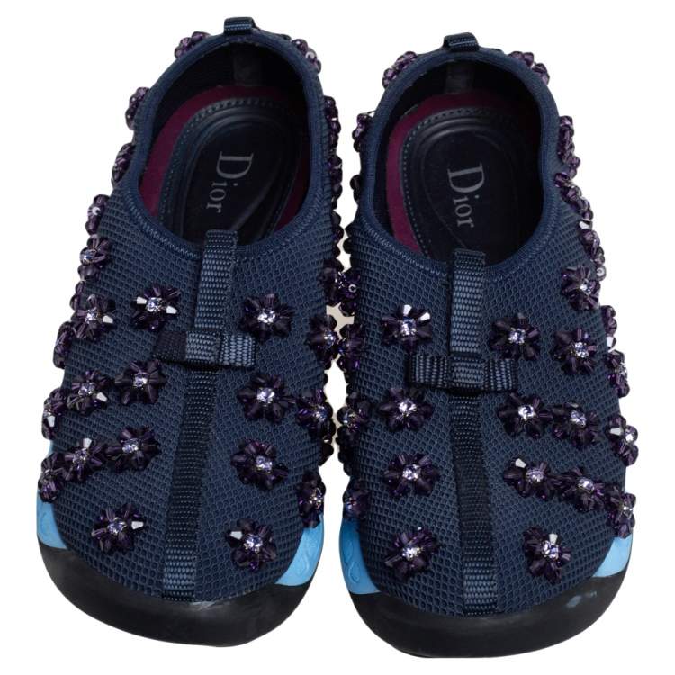 Pre Owned Dior Navy Blue Mesh Fusion Floral Embellished Slip On Sneakers Size 37