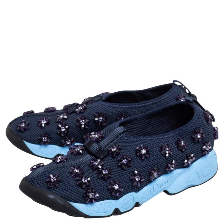 Pre Owned Dior Navy Blue Mesh Fusion Floral Embellished Slip On Sneakers Size 37