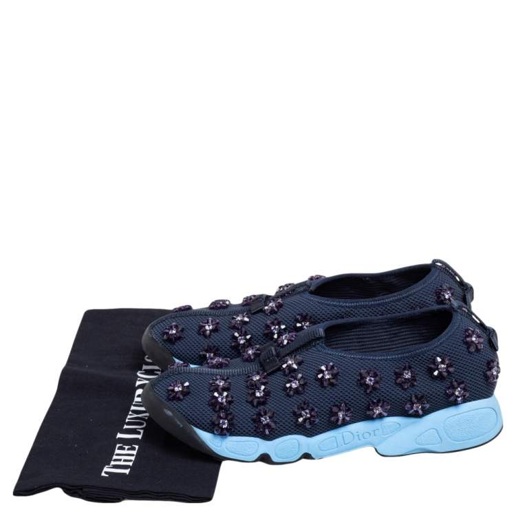 Pre Owned Dior Navy Blue Mesh Fusion Floral Embellished Slip On Sneakers Size 37