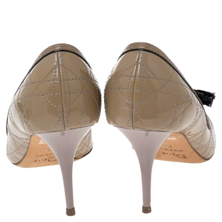 Pre Owned Dior Grey Patent Cannage Bow Peep Toe Pumps Size 40