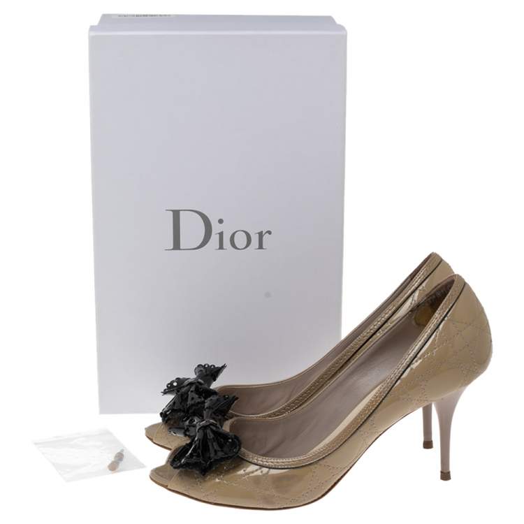 Pre Owned Dior Grey Patent Cannage Bow Peep Toe Pumps Size 40
