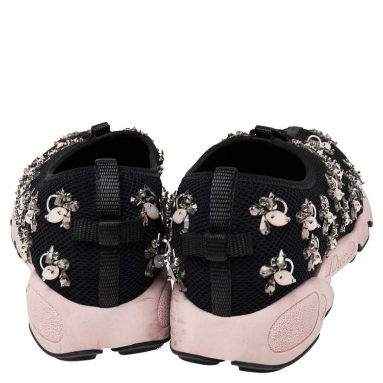 Pre Owned Dior Black/Pink Mesh Fusion Crystal Embellished Sneakers Size 38.5