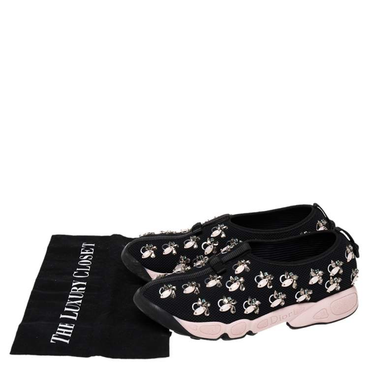 Pre Owned Dior Black/Pink Mesh Fusion Crystal Embellished Sneakers Size 38.5