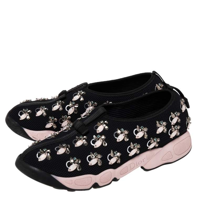 Pre Owned Dior Black/Pink Mesh Fusion Crystal Embellished Sneakers Size 38.5
