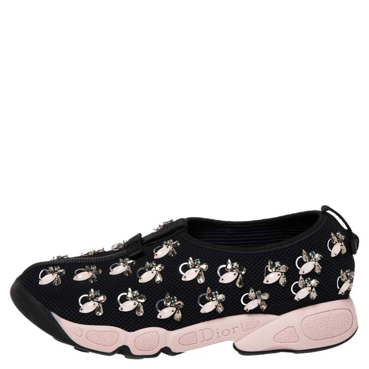 Pre Owned Dior Black/Pink Mesh Fusion Crystal Embellished Sneakers Size 38.5