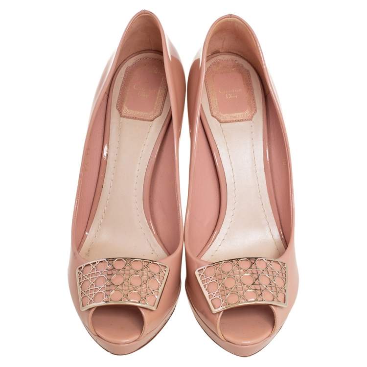 Pre Owned Dior Beige Patent Leather Platform Peep Toe Pumps Size 40