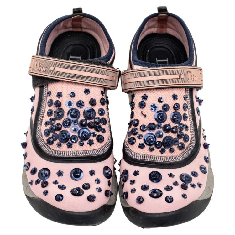 Pre Owned Dior Pink Sequin Embellished Fabric And Mesh Fusion Sneakers Size 38