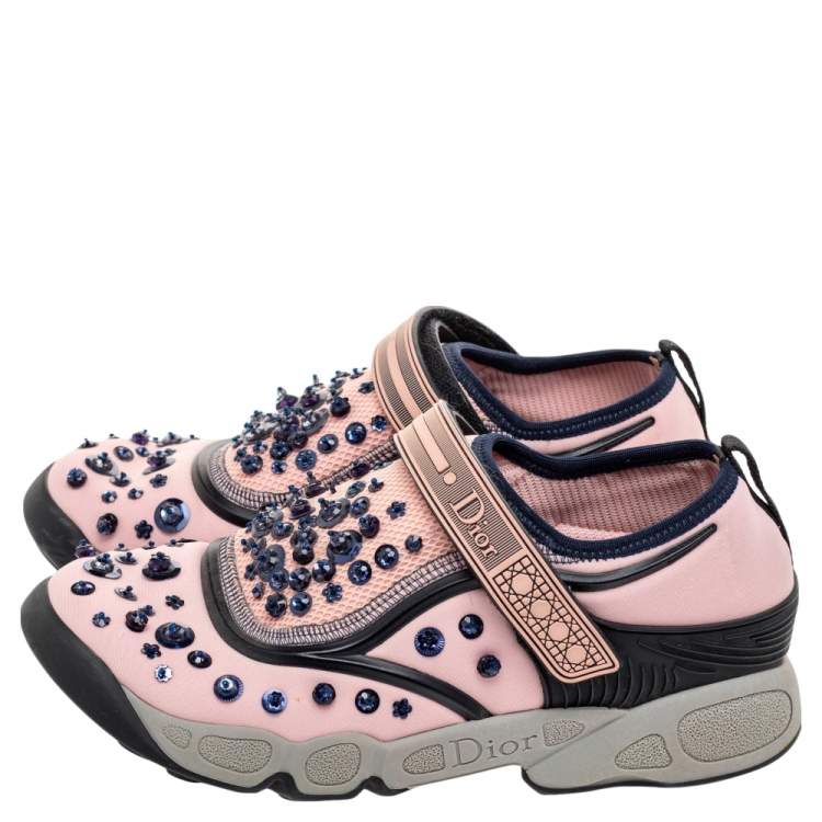 Pre Owned Dior Pink Sequin Embellished Fabric And Mesh Fusion Sneakers Size 38