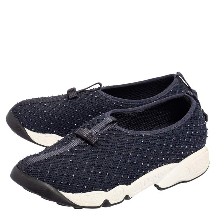 Pre Owned Dior Blue Mesh Fusion Bead Embellished Slip On Sneakers Size 37.5