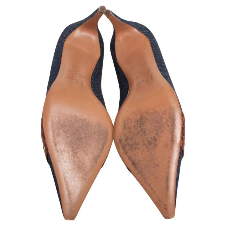 Pre Owned Dior Vintage Blue Denim And Crocodile Leather Buckle Detail Pointed Toe Pumps Size 39