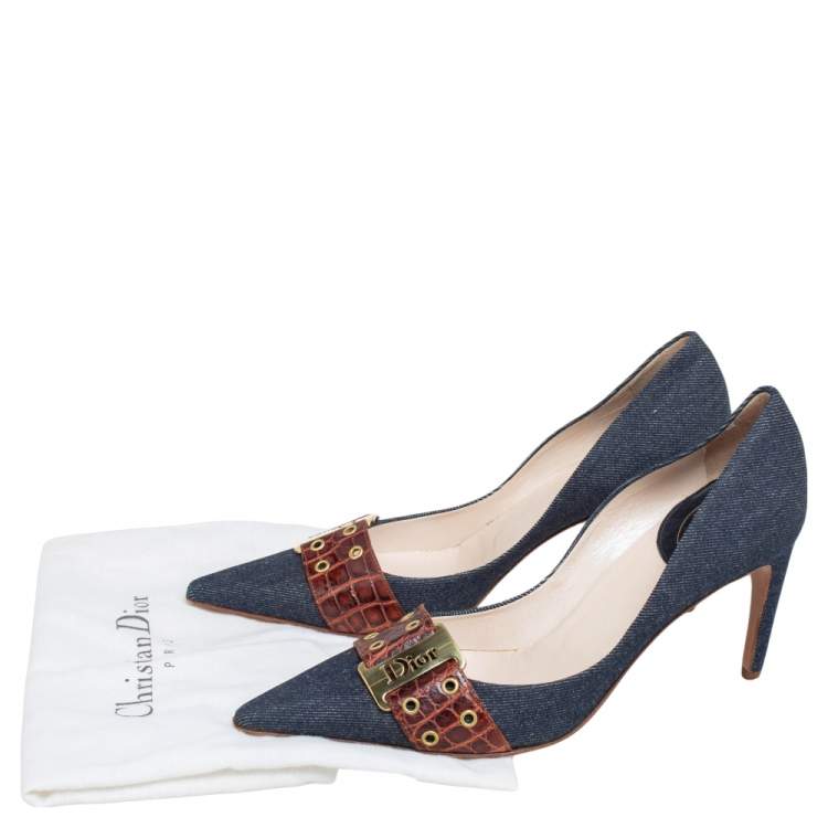 Pre Owned Dior Vintage Blue Denim And Crocodile Leather Buckle Detail Pointed Toe Pumps Size 39