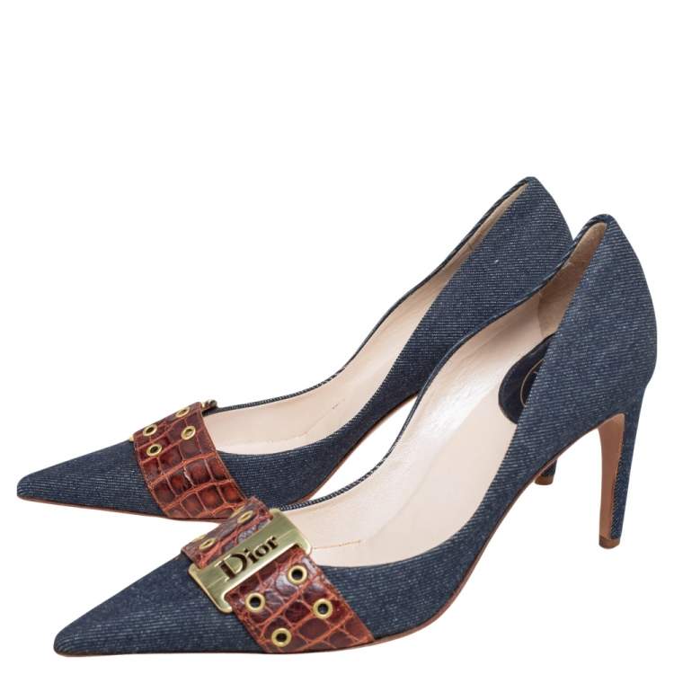 Pre Owned Dior Vintage Blue Denim And Crocodile Leather Buckle Detail Pointed Toe Pumps Size 39