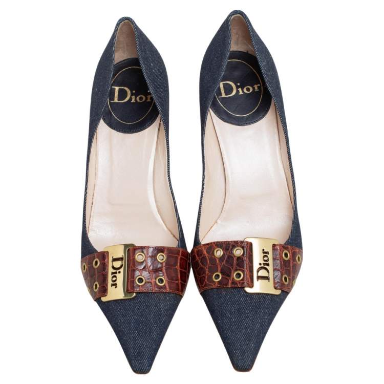 Pre Owned Dior Vintage Blue Denim And Crocodile Leather Buckle Detail Pointed Toe Pumps Size 39