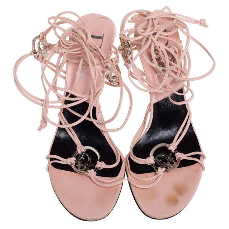 Pre Owned Dior Pink Leather Open Toe Ankle Wrap Sandals Size 38.5