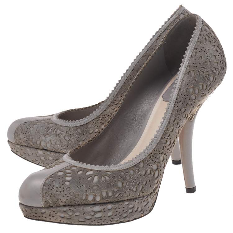 Pre Owned Dior Grey Laser Cut Suede and Leather Pumps Size 37.5