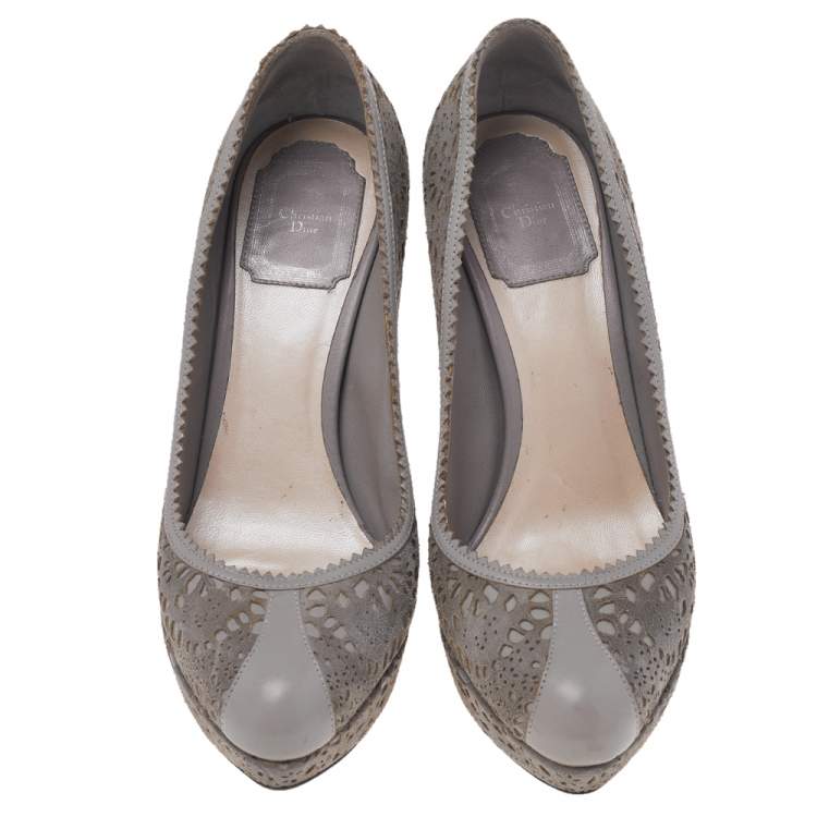 Pre Owned Dior Grey Laser Cut Suede and Leather Pumps Size 37.5