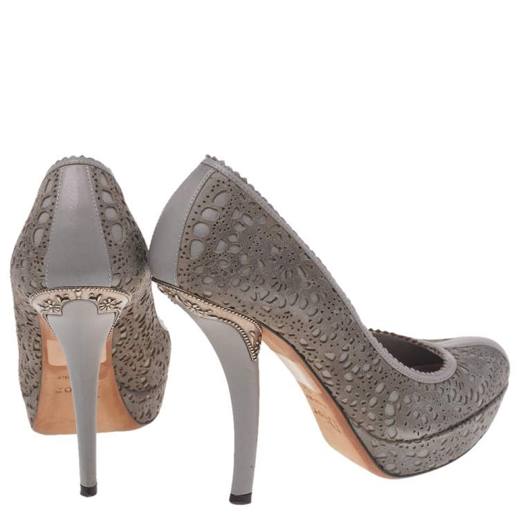 Pre Owned Dior Grey Laser Cut Suede and Leather Pumps Size 37.5