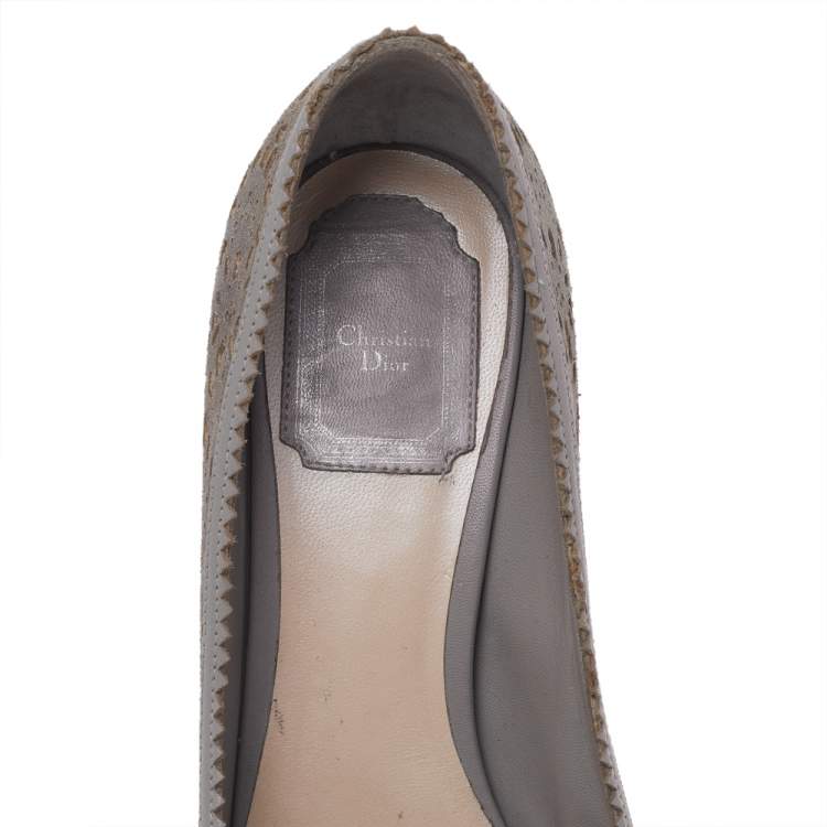 Pre Owned Dior Grey Laser Cut Suede and Leather Pumps Size 37.5