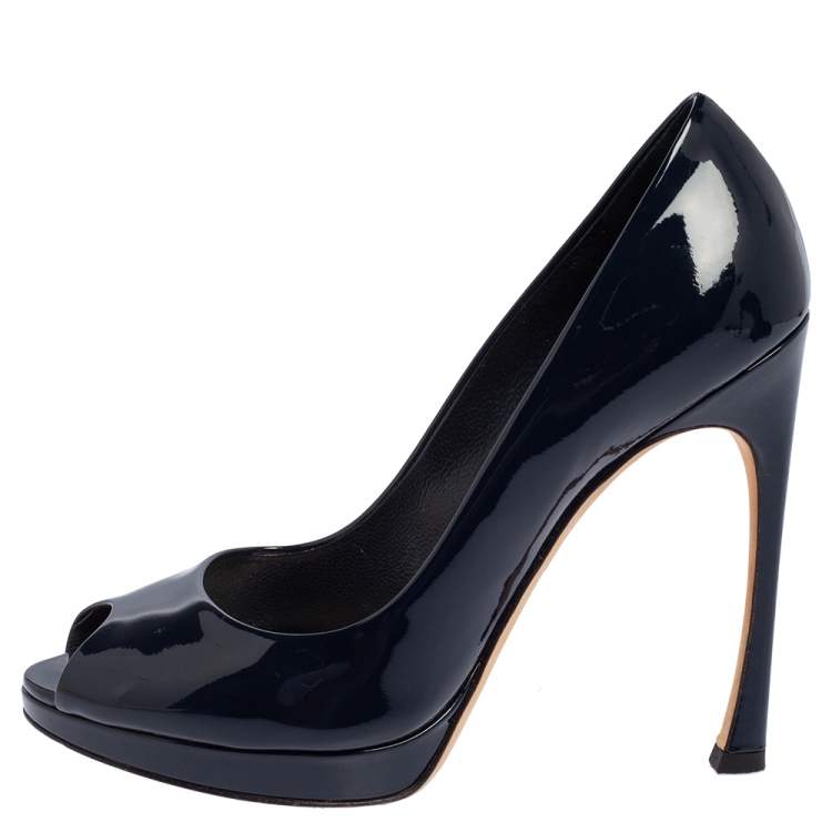 Pre Owned Christian Dior Blue Patent Miss Dior Peep Toe Platform Pumps Size 38