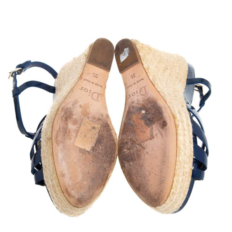 Pre Owned Dior Blue Patent Leather Espadrille Wedge T-Strap Platform Sandals Size 35