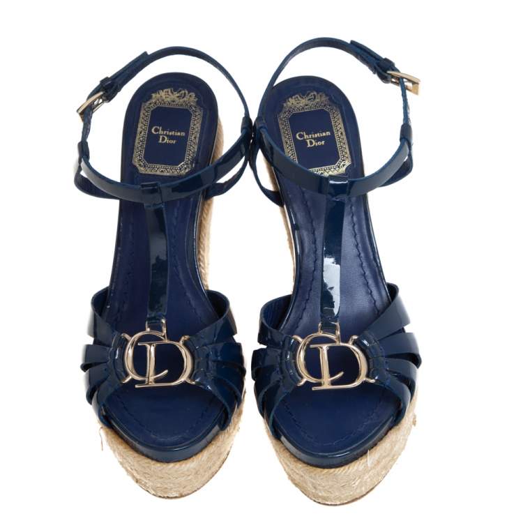 Pre Owned Dior Blue Patent Leather Espadrille Wedge T-Strap Platform Sandals Size 35