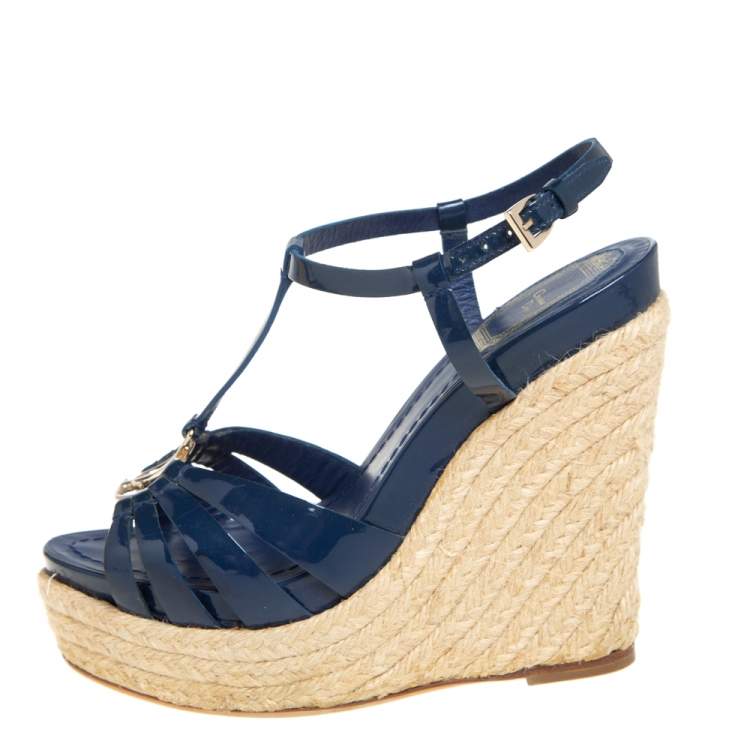 Pre Owned Dior Blue Patent Leather Espadrille Wedge T-Strap Platform Sandals Size 35