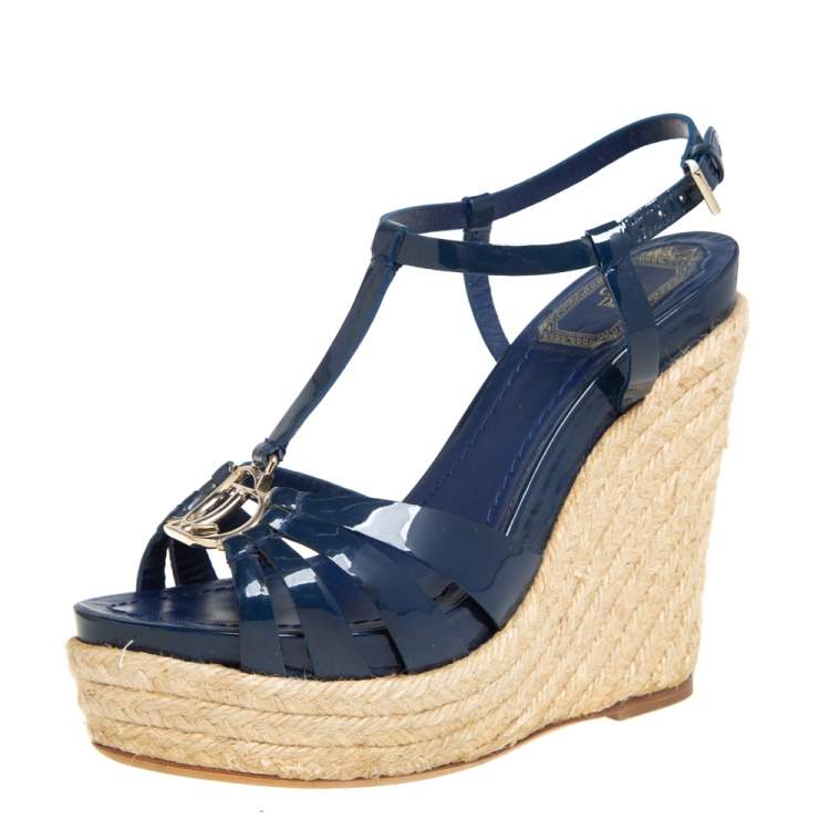 Pre Owned Dior Blue Patent Leather Espadrille Wedge T-Strap Platform Sandals Size 35