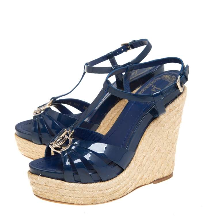 Pre Owned Dior Blue Patent Leather Espadrille Wedge T-Strap Platform Sandals Size 35