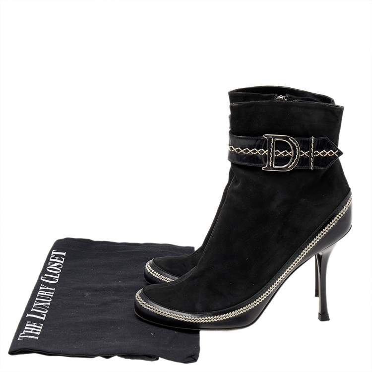 Pre Owned Dior Black Suede And Leather CD Logo Ankle Boots Size 37