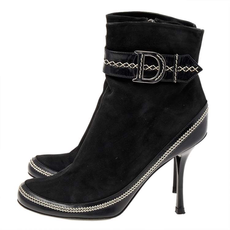 Pre Owned Dior Black Suede And Leather CD Logo Ankle Boots Size 37