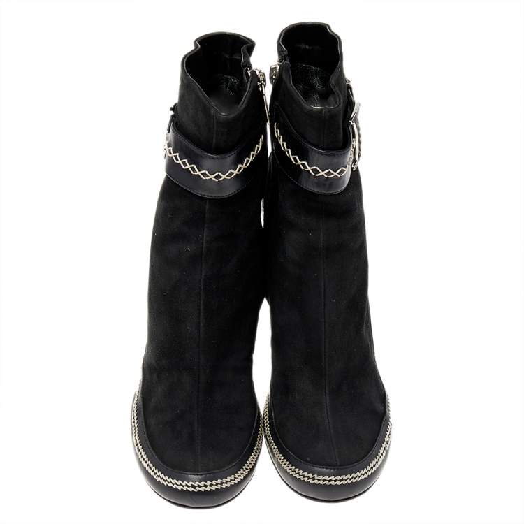 Pre Owned Dior Black Suede And Leather CD Logo Ankle Boots Size 37