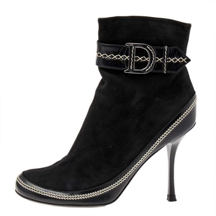 Pre Owned Dior Black Suede And Leather CD Logo Ankle Boots Size 37